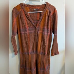 Prana Large Women's Midi Orange Plaid Dress V Neck Long Sleeve Button Front